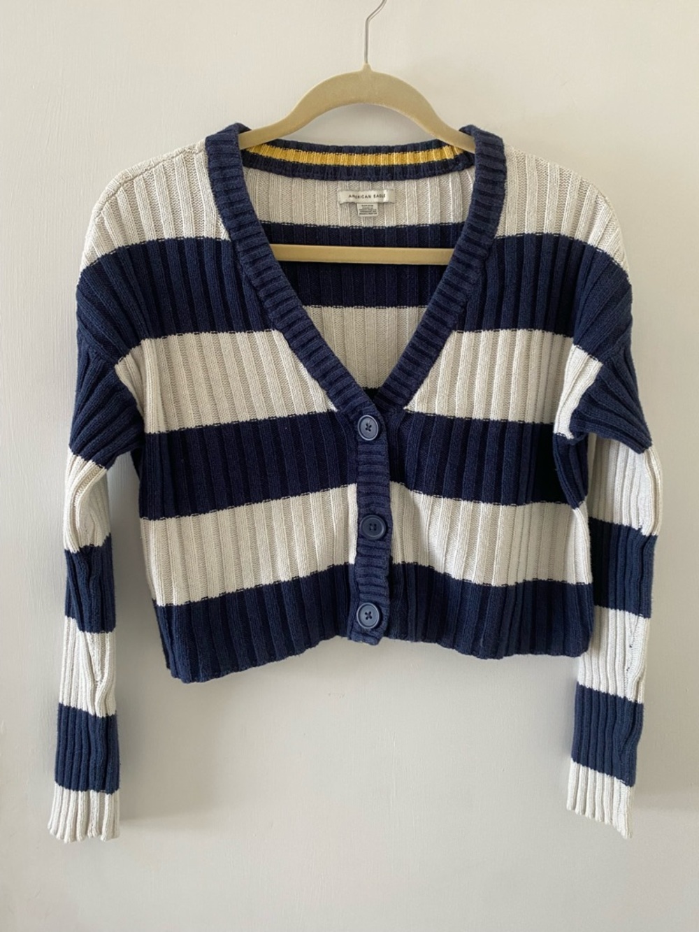 AE Striped Cropped Cardigan Navy White Ribbed V-Neck Coastal Academia size small